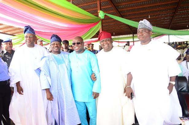 (R-L) Rt. Hon. Suraju Adekumbi, Speaker of Ogun State House of Assembly, Senator Solomon Adeola, Vice Chairman, Communication Committee of the Senate, Barr. Biyi Otegbeye, MD of Regency Allaince Insurance company and Chairman of Grand finale,Senator Gbolahan Dada, and Hon Kunle Akinlade of Yewa South/Ipokia Federal Constituency at the Grand Finale of Oronna Ilaro festival 2015
