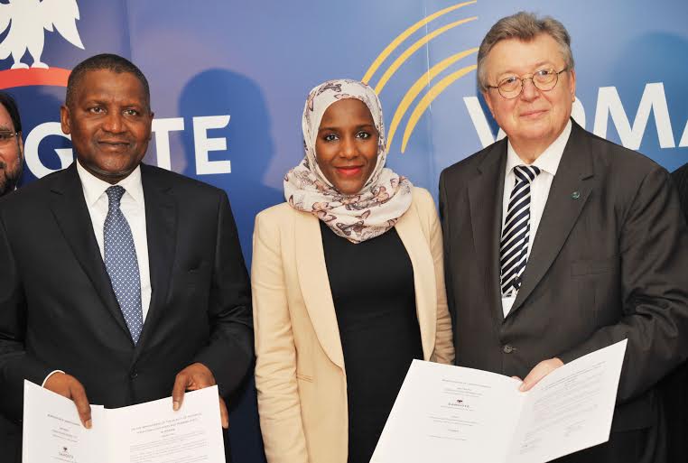 L-R: President/CE, Dangote Industries Limited, Aliko Dangote; Executive Director, Dangote Industries Limited, Halima Dangote; President of  VDMA (The German Engineering Federation) Dr. Reinhold Festge; at the signing of MoU between Dangote Industries Ltd and VDMA (The German Engineering Federation) in Lagos