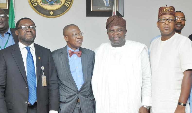 Lagos State Governor, Mr. Akinwunmi Ambode (2nd right), with Minister of Information, Culture & Tourism, Alhaji Lai Mohammed (2nd left), Commissioner for Information & Strategy, Mr. Steve Ayorinde (left) and Commissioner for Tourism, Arts & Culture, Mr. Folarin Coker (right), during a courtesy visit to the Governor by the Minister of Information, at the Lagos House, Ikeja, on Thursday, February 25, 2016