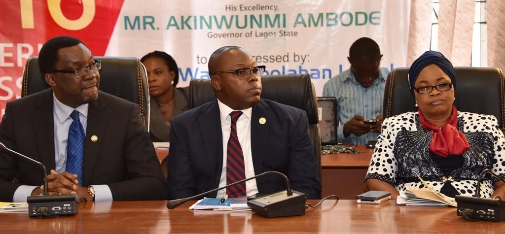 Commissioner for Housing, Prince Gbolahan Lawal (middle), flanked by Commissioner for Information & Strategy, Mr. Steve Ayorinde (left) and Special Adviser to the Governor on Housing, Mrs. Aramide Giwanson (left) during the Y2016 Ministerial Press Briefing to commemorate the First Year in Office of Governor Akinwunmi Ambode, at the Bagauda Kaltho Press Centre, the Secretariat, Alausa, Ikeja, on Monday, April 25, 2016.