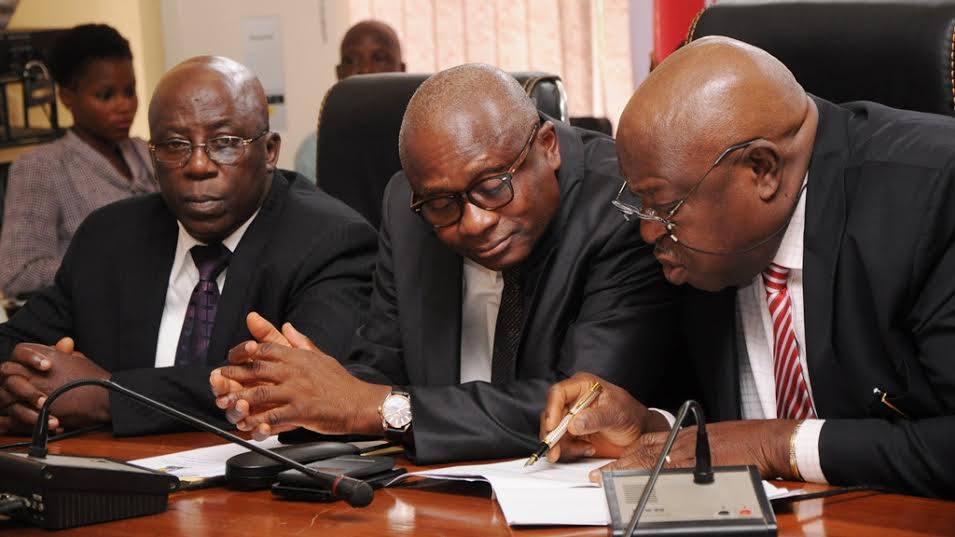 R-L: Special Adviser to the Governor on Primary Healthcare, Dr. Olufemi Onanuga; Commissioner for Health, Dr. Jide Idris and Permanent Secretary, Ministry of Information & Strategy, Mr. Fola Adeyemi during the Y2016 Ministerial Press Briefing to commemorate the First Year in Office of Governor Akinwunmi Ambode, at the Bagauda Kaltho Press Centre, the Secretariat, Alausa, Ikeja, on Tuesday, May 3, 2016.